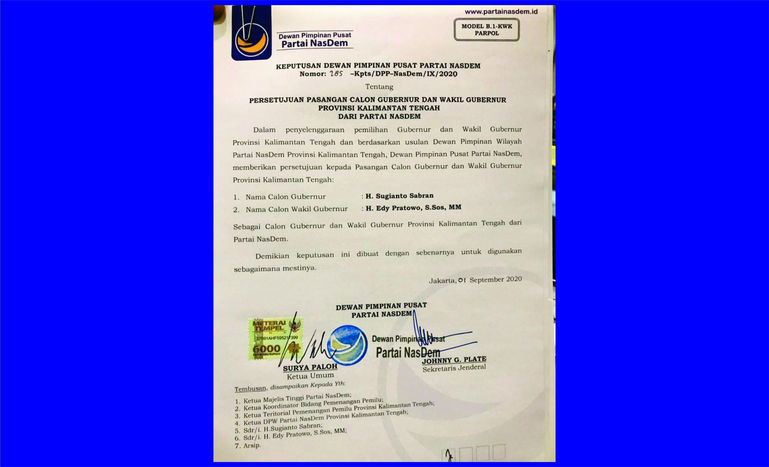 Nasdem Pilih Sugianto-Edy Pratowo