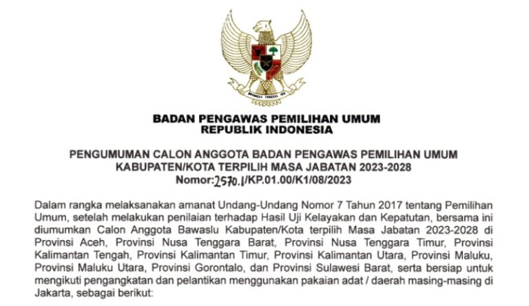 pengumuman bawaslu se kalteng