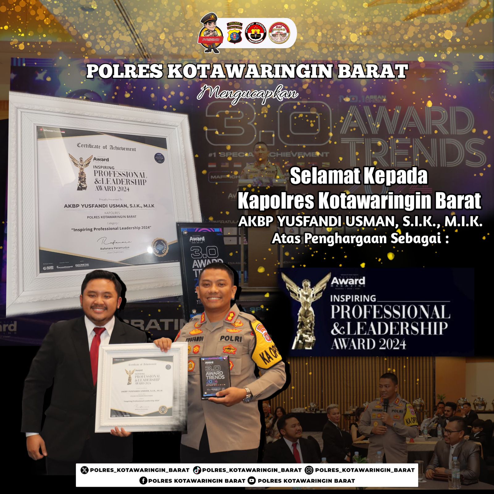 Raih Penghargaan Inspiring Profesional dan Leadership dari Asean Choice, ini Kata Kapolres Kobar