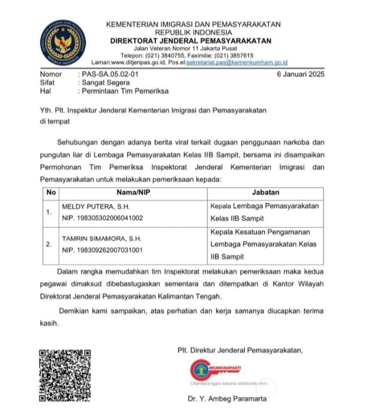 Dua Pejabat Lapas Sampit Dinonaktifkan