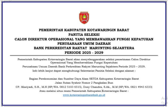 Kesempatan Emas! Kobar Buka Seleksi Direktur Operasional BPR Marunting Sejahtera Periode 2025–2029
