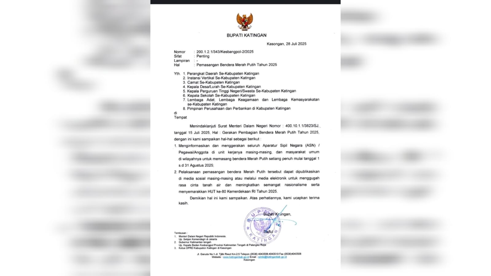 Bupati Saiful Ajak Warga Katingan Kibarkan Bendera Merah Putih Sepanjang Agustus 2025