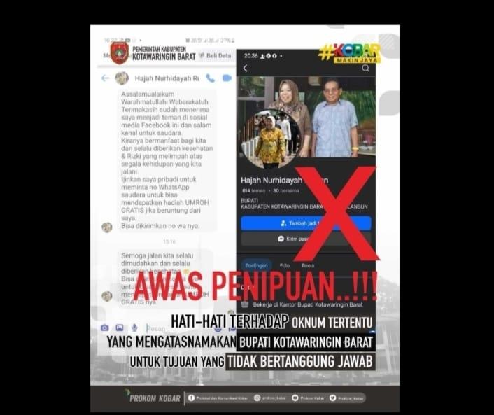 Akun FB Palsu Catut Nama Bupati Kobar, Janjikan Hadiah Umroh untuk Tipu Warga