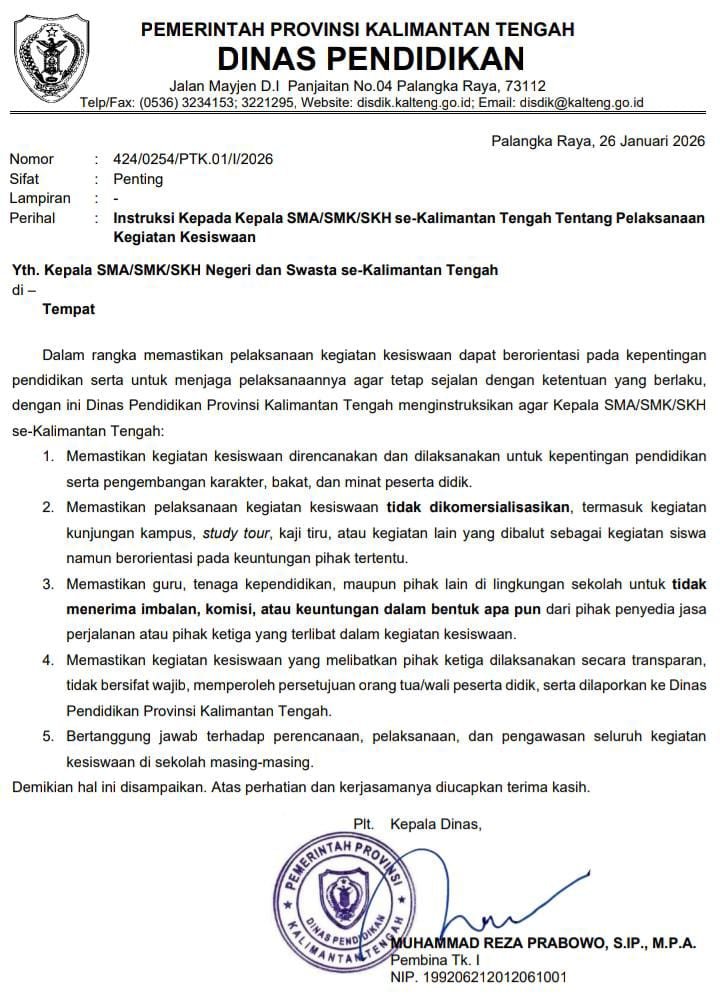 Kegiatan Siswa Tak Boleh Berbayar, Disdik Kalteng Keluarkan Surat Edaran