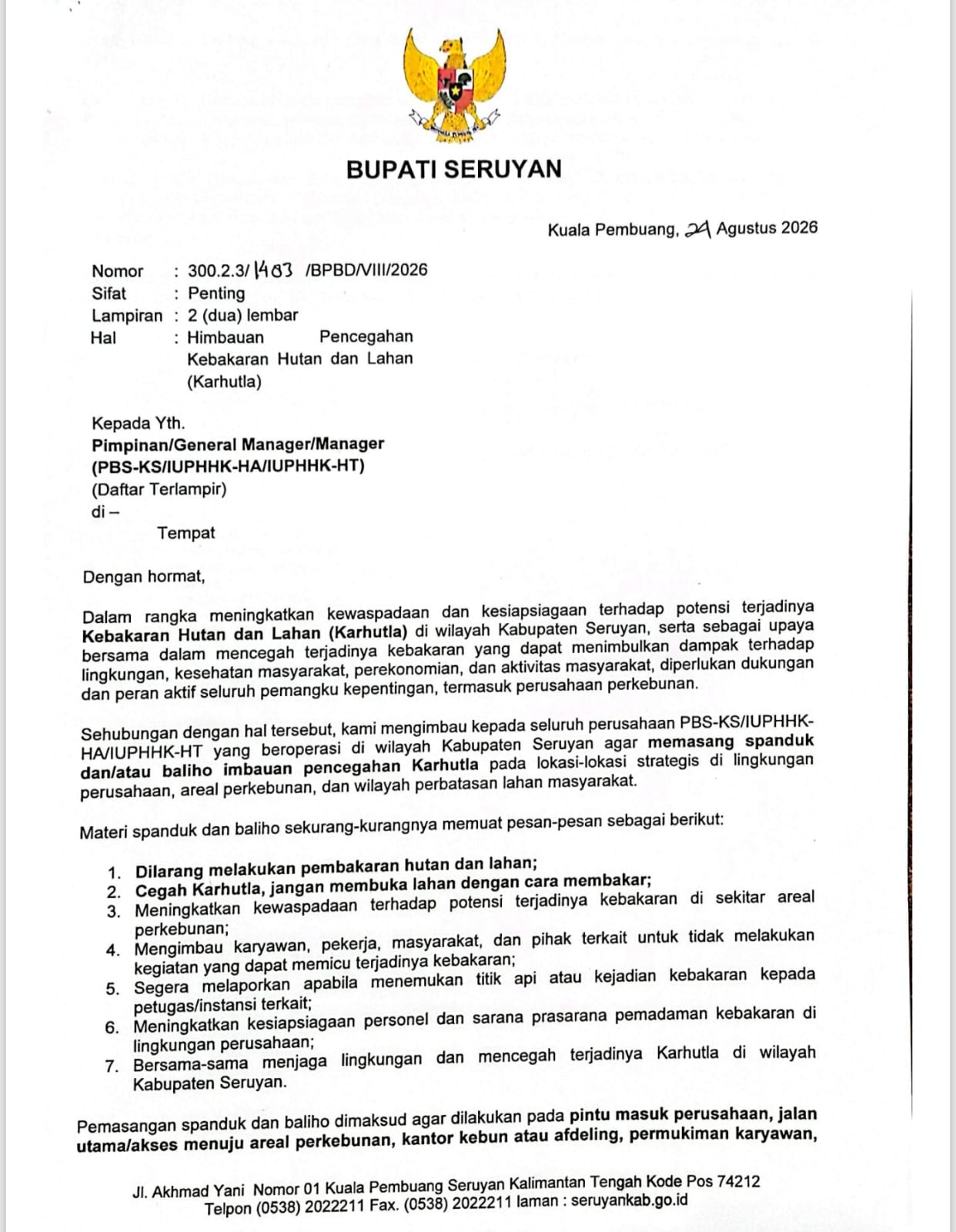 Pemkab Seruyan Keluarkan Imbauan Karhutla, Perusahaan Diminta Perkuat Pencegahan